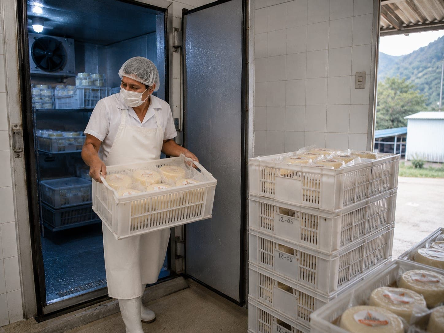 Operaria saliendo del cuarto frío con una canastilla de quesos empacados listos para despacho