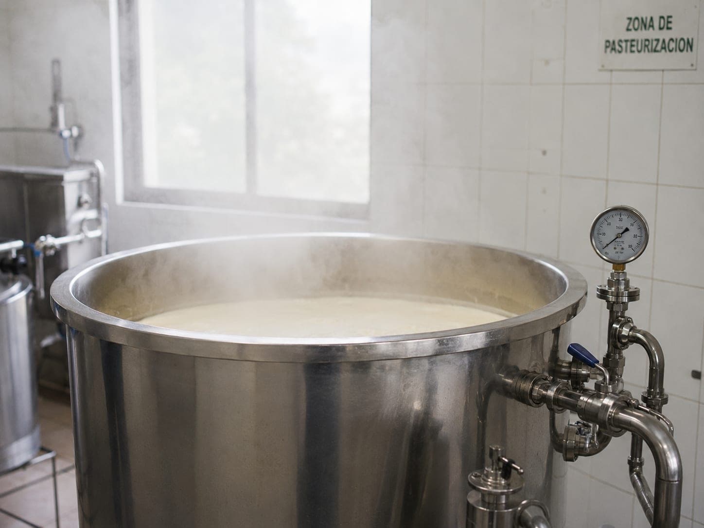 Marmita de acero inoxidable llena de leche en la zona de pasteurización, con manómetro y válvulas