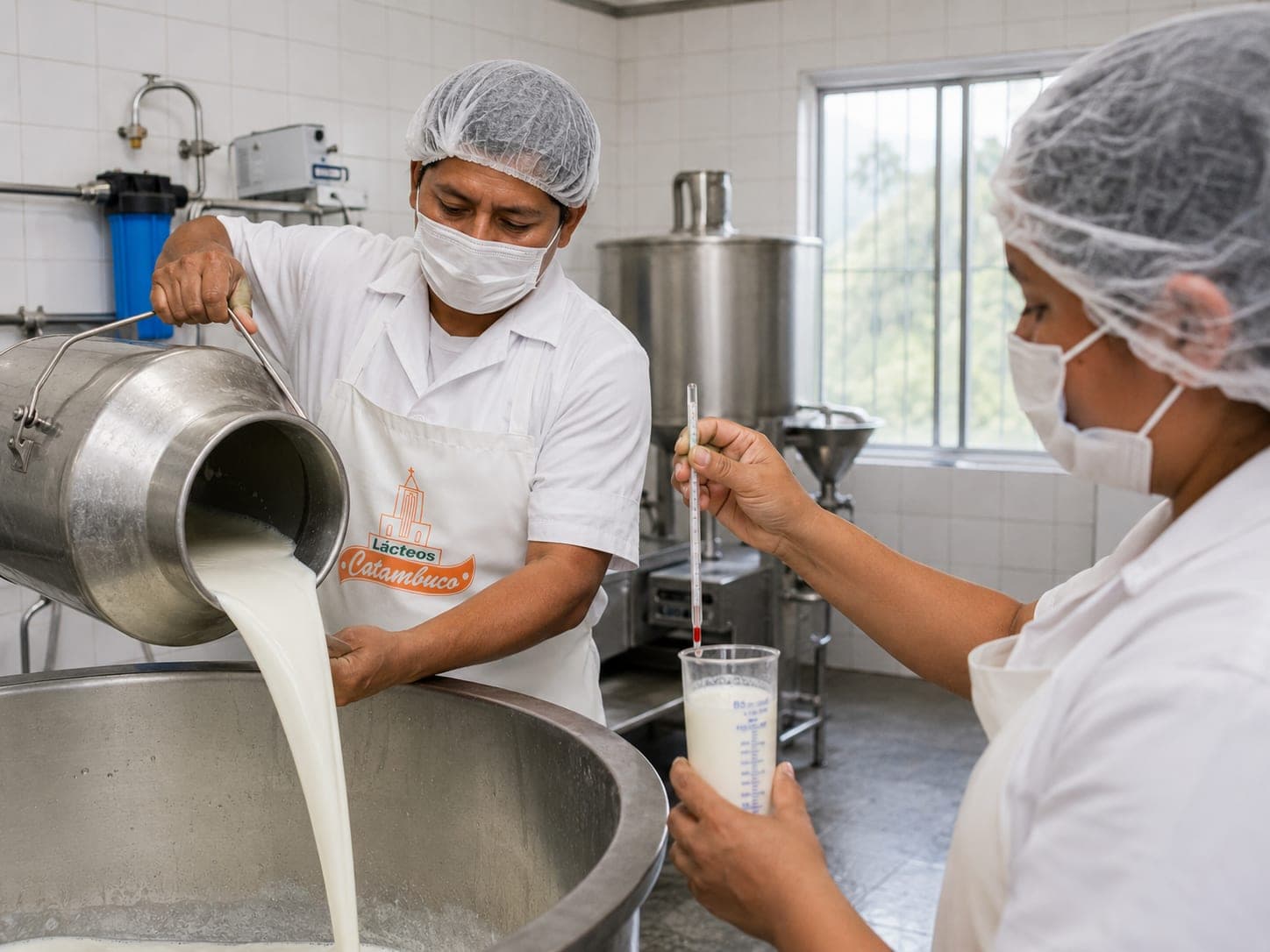 Operarios con uniforme y cofia vertiendo leche desde una cantina de acero y midiéndola con un termómetro