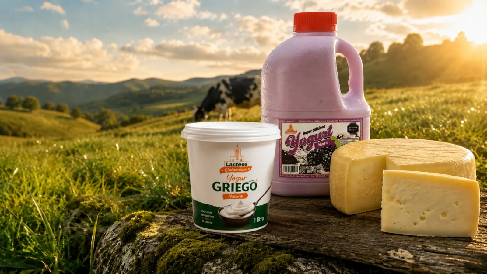 Yogurt griego, yogurt de mora y queso Lácteos Catambuco sobre un tronco, en una pradera de Nariño con una vaca al fondo